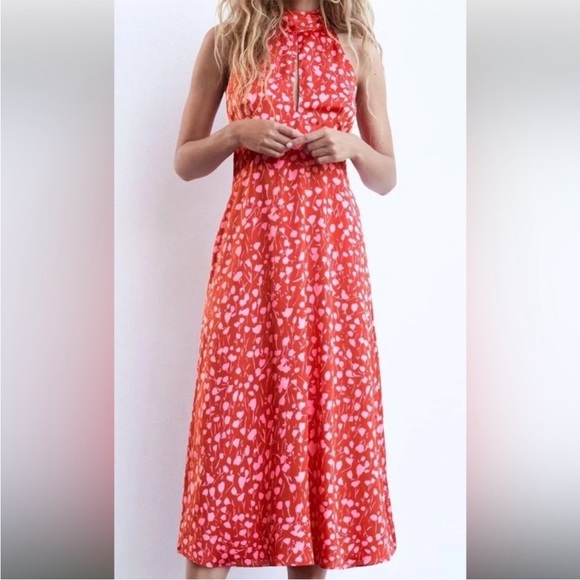NWT Zara Halter Midi Dress Red Pink Floral Tie Neck Size small, wedding party - Picture 3 of 8
